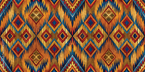 Vibrant geometric pattern featuring rich colors and bold shapes.
