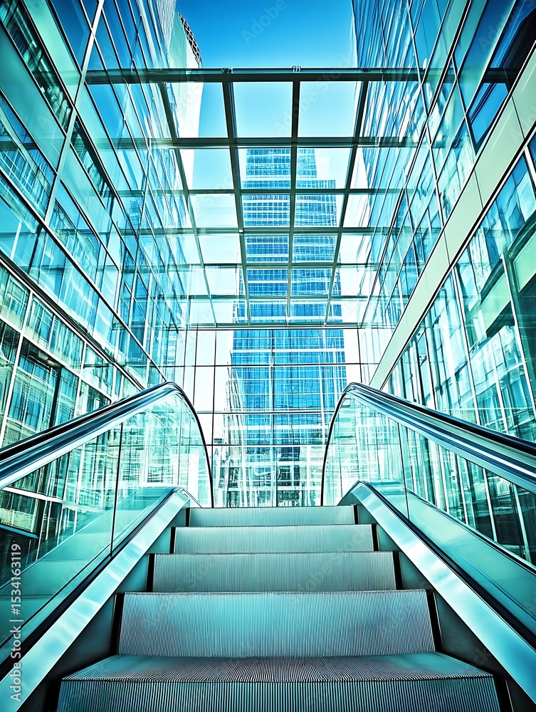 Fototapeta premium Escalator View of Modern Architecture with Glass Facade and Sky Above