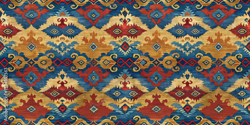Vibrant geometric pattern in warm colors creating a lively textile design.
