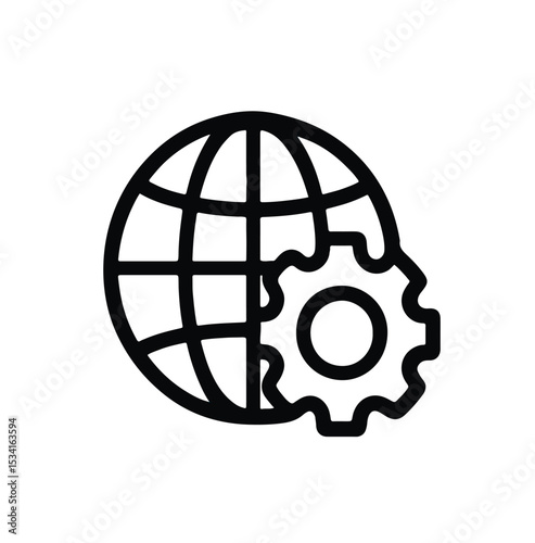 Flat design icon of a globe and a gear representing global settings, technology, system configuration, or international operations. Useful for IT, tech, or network illustrations.
