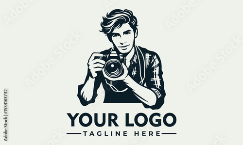 Stylish portrait illustration of a young man holding a professional DSLR camera. Photography hobby concept