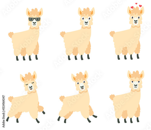 Adorable Cartoon Llamas with Various Playful Poses and Accessories for Fun and Whimsical Stock Illustration