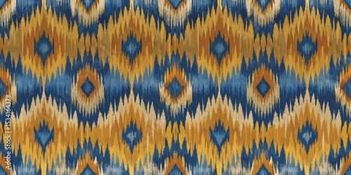 Vibrant blue and gold abstract textile pattern with diamond shapes.
