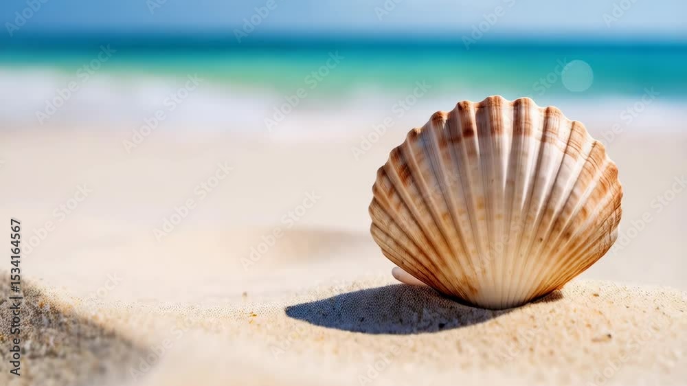 Seashell resting on sandy beach with ocean waves in the background under blue sky. Perfect day for relaxation and vacation.