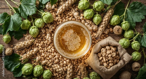 Overhead view of a glass of beer surrounded by hops barley and wheat on a wooden surface top down shot