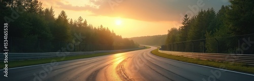 Asphalt race track curves through green forest during sunset. Empty road, nature, countryside landscape, trees on both sides of highway. Motor racing circuit, sport track, race cars, fast speed,