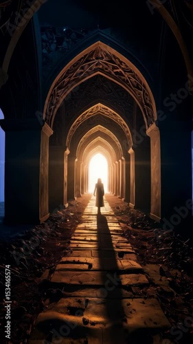 A solitary woman in a long coat walks towards the light at the end of an arched stone corridor, interior fantasy environment with gothic elements.