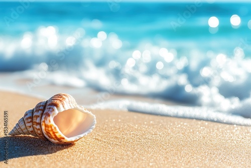 Beautiful seashell on the beach with blue water and golden sand, a summer background. Shallow depth of field. Shiny and sparkling sea waves, serene summer scene