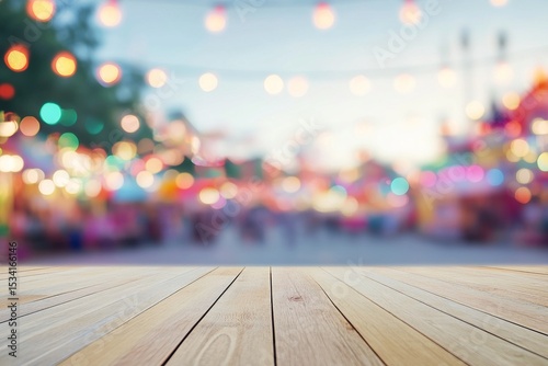 Empty wooden table top with a blurred background of festival lights and a street fair,  amusement park, for a product display