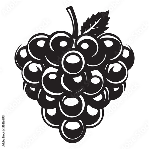 Black grape bunch vector illustration fruit clipart design for wine and food themes silhouette, Black and white grapevine silhouette features a bunch of grapes with leaves and tendrils
