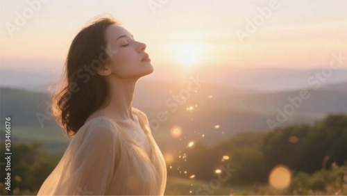 女性　夕焼け　深呼吸　美しい　自然