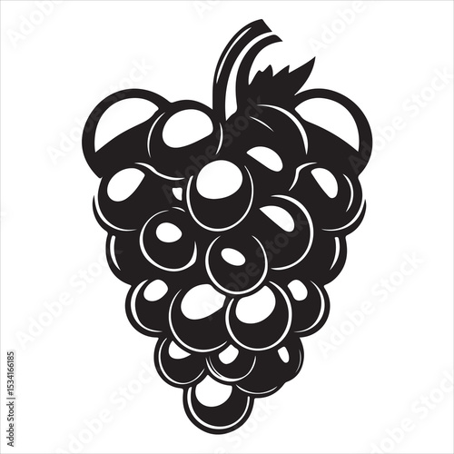 Black grape bunch vector illustration fruit clipart design for wine and food themes silhouette, Black and white grapevine silhouette features a bunch of grapes with leaves and tendrils