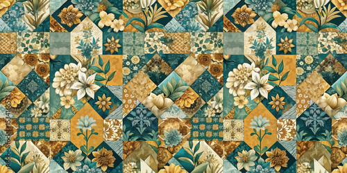 Elegant floral patchwork design with teal and gold hues, perfect for home decor.