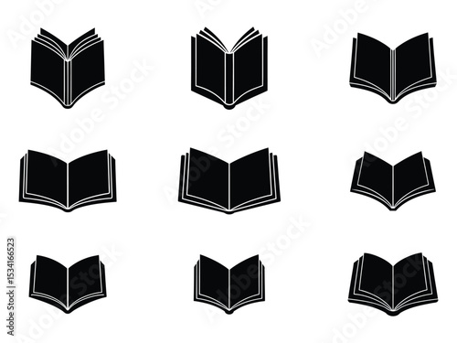 A collection of nine open book icons in black and white