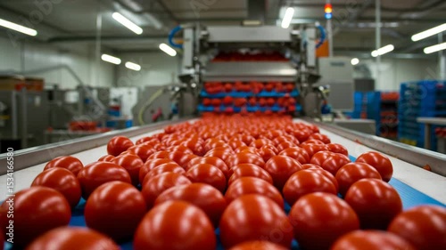 Red tomatoes on conveyor belt in food processing facility  