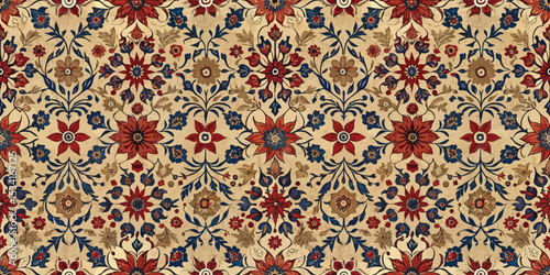Detailed floral pattern with vibrant colors on a beige background.