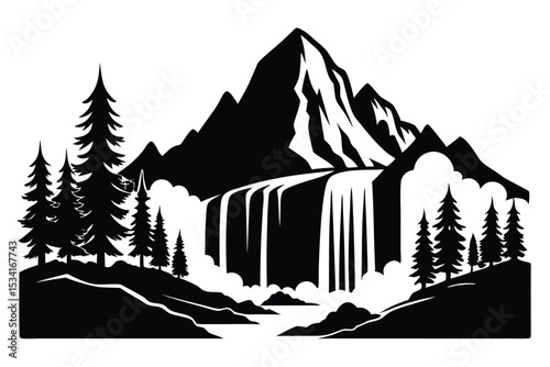 Black Silhouette of Majestic Mountains, Flowing Waterfall and Lush Evergreen Trees Landscape Scene