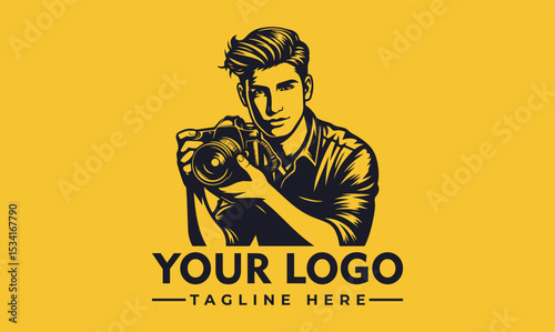 Stylish portrait illustration of a young man holding a professional DSLR camera. Photography hobby concept