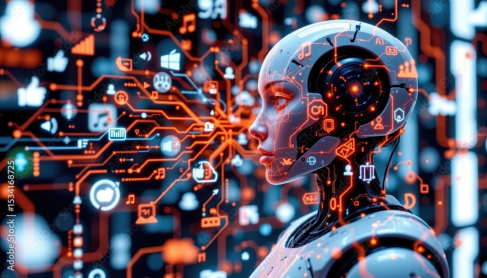 Fototapeta premium ai data stream and robotic automation symbols floating above