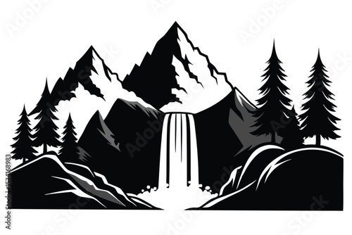 Black and White Mountain Landscape Graphic with Waterfall and Pine Trees Illustration