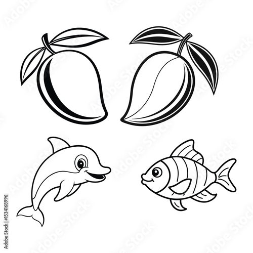 Cute Black and White Coloring Page with Mango, Dolphin, and Fish.