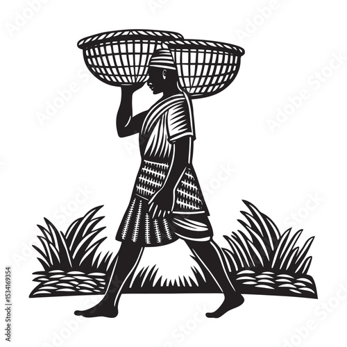 silhouette of a peasant carrying basket in bangladesh