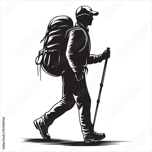 Print Hiking man Silhouettes. hiking man with rucksacks silhouette, hiker with backpack, vector silhouettes, mountaineer climber hiker people, Backpacker, walking with the aid of trekking poles
