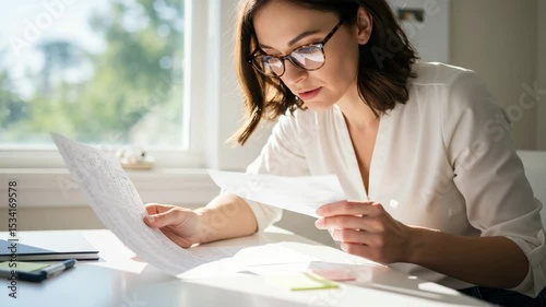 Young woman reviewing documents at desk in bright office space  