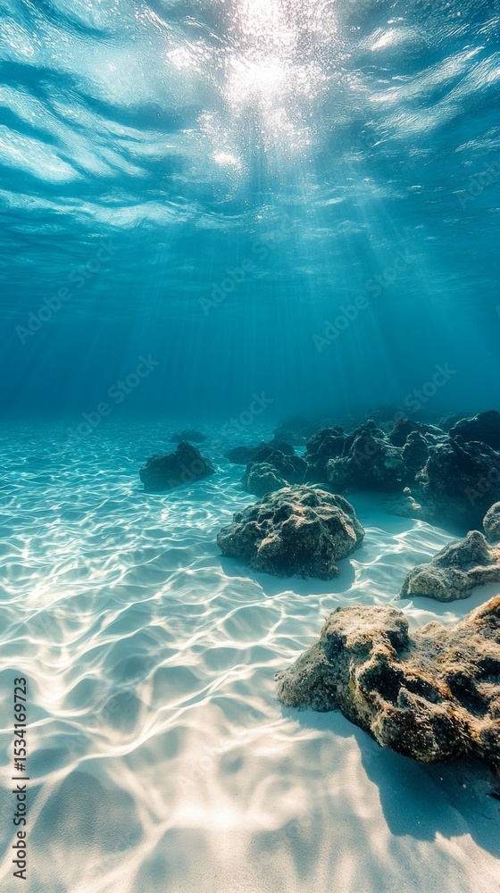 Obraz premium The sun's rays penetrating the water create a magical atmosphere of the underwater world. Suitable for articles about sea voyages and explorations.
