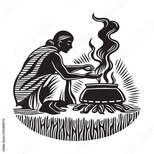 silhouette of a village woman cooking on clay stov 