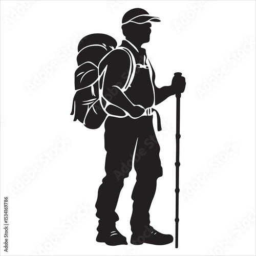 Print Hiking man Silhouettes. hiking man with rucksacks silhouette, hiker with backpack, vector silhouettes, mountaineer climber hiker people, Backpacker, walking with the aid of trekking poles
