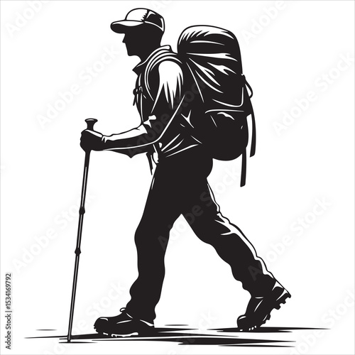 Print Hiking man Silhouettes. hiking man with rucksacks silhouette, hiker with backpack, vector silhouettes, mountaineer climber hiker people, Backpacker, walking with the aid of trekking poles