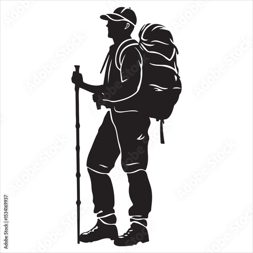 Print Hiking man Silhouettes. hiking man with rucksacks silhouette, hiker with backpack, vector silhouettes, mountaineer climber hiker people, Backpacker, walking with the aid of trekking poles