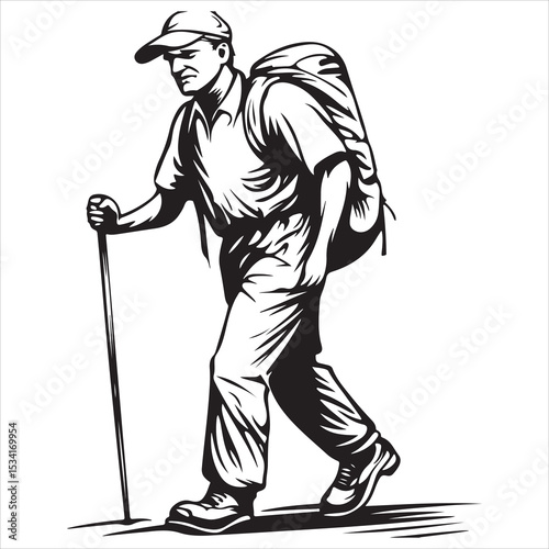 Print Hiking man Silhouettes. hiking man with rucksacks silhouette, hiker with backpack, vector silhouettes, mountaineer climber hiker people, Backpacker, walking with the aid of trekking poles