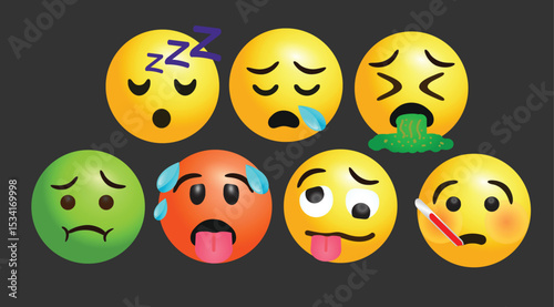 vector round yellow cartoon bubble emoticons social media  chat comment reactions, icon template face Mouth spew vomit Hot Overheated Woozy Wavy Mouth Sleep Snoring Disgust
