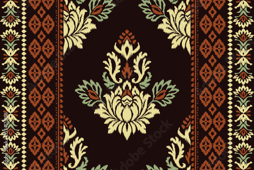 Floral Ikat embroidery pattern in ethnic Aztec style with traditional textile design. Seamless vector illustration perfect for fabric, clothing, and decoration projects.