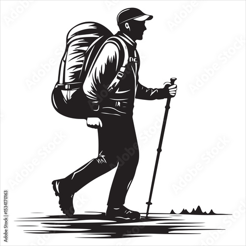 Print Hiking man Silhouettes. hiking man with rucksacks silhouette, hiker with backpack, vector silhouettes, mountaineer climber hiker people, Backpacker, walking with the aid of trekking poles