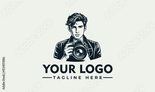 Stylish portrait illustration of a young man holding a professional DSLR camera. Photography hobby concept