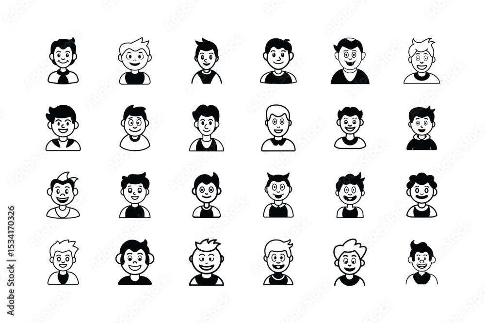 Collection of Diverse Cartoon Boy Avatars A Vector Illustration Showcasing Various Hairstyles Expressions and Styles in Black and