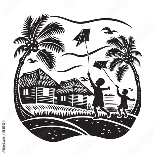 silhouette of children flying kites in bangladeshi