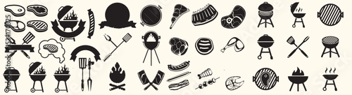 Collection of black and white BBQ and grill-themed vector icons, including meat cuts, grills, utensils, flames, and skewers.