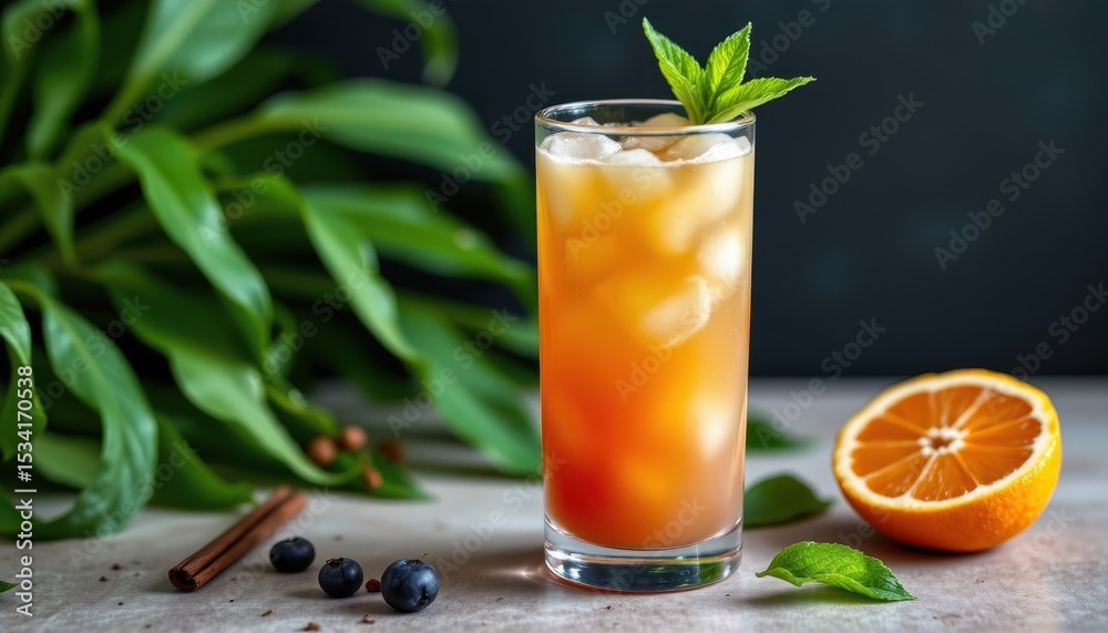 Fototapeta premium detox drink in tall glass with green leaf background