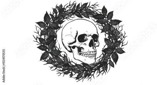 Skull in a Wreath of Leaves - Gothic and Dark Art