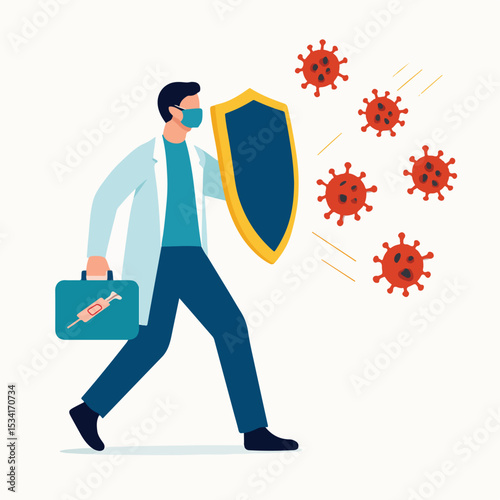 vector of a doctor carrying a shield protecting against viruses