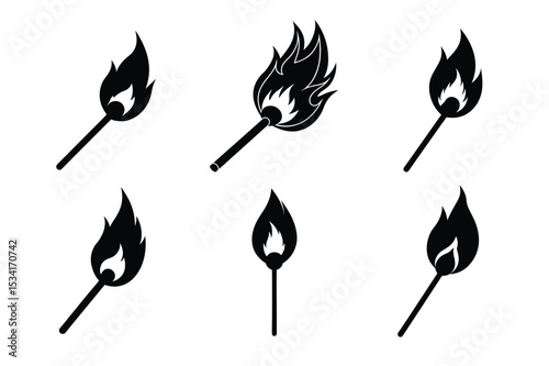 Collection of black and white matchstick flame illustrations