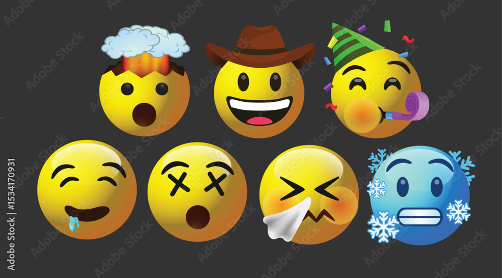 Obraz premium icon 3d vector round yellow cartoon bubble emoticons social media chat comment reactions icon template face Sneezing cold dizzy Exploding Partying emoji character message