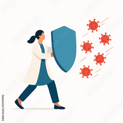 vector of a doctor carrying a shield protecting against viruses