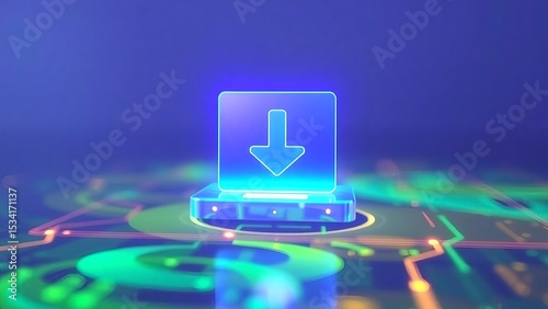 Futuristic Download Icon Glowing Neon Arrow on Circuit Board Background - Digital Technology Concept