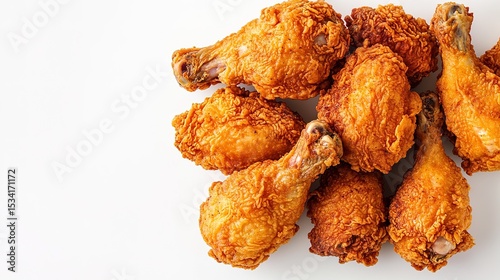 Crispy golden fried chicken drumsticks arranged on a white surface, showcasing a crunchy textured coating.