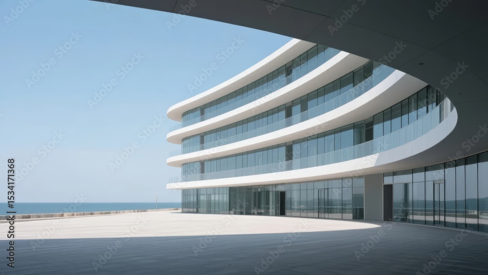 Fototapeta premium Modern Curved Building with Glass Facade Near the Sea
